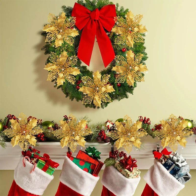 5/10Pcs 11cm Christmas Decoration Glitter Artifical Flowers Xmas Tree Wreath  Ornaments for Home New Year 2026 Decor Accessories