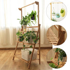 【Breeins】3 Tier Ladder Foldable Plant Stand with Hanging Bar, Wood For Home Office Outdoor Indoor Decoration Plants Organizer