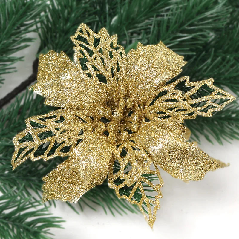 5/10Pcs 11cm Christmas Decoration Glitter Artifical Flowers Xmas Tree Wreath  Ornaments for Home New Year 2026 Decor Accessories