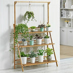 【Breeins】3 Tier Ladder Foldable Plant Stand with Hanging Bar, Wood For Home Office Outdoor Indoor Decoration Plants Organizer