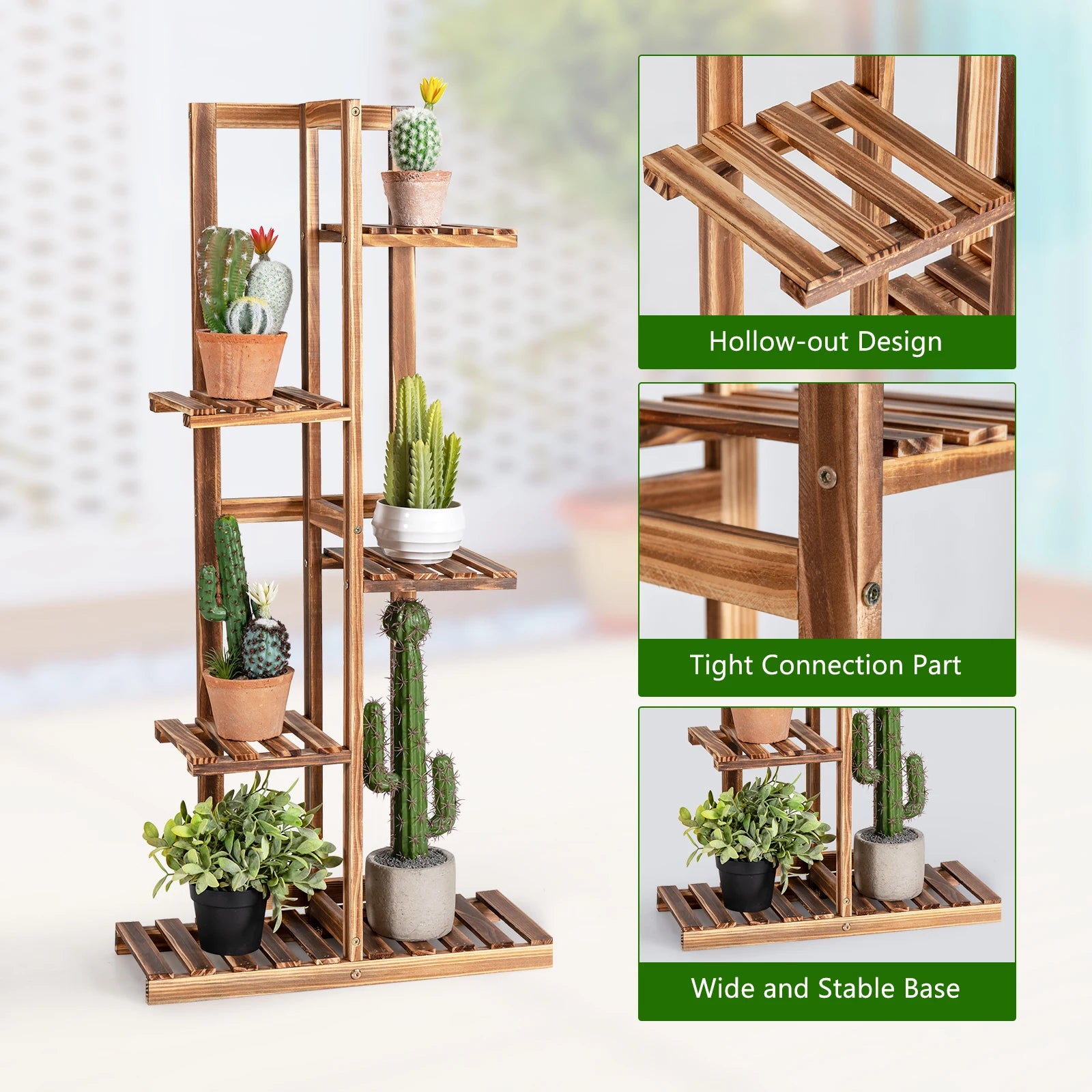 GOFLAME Wood 5 Tier 6 Pots Plant Stand, Indoor/Outdoor Flower Pot Holder, Free-standing Display Shelf with Anti-tipping Device