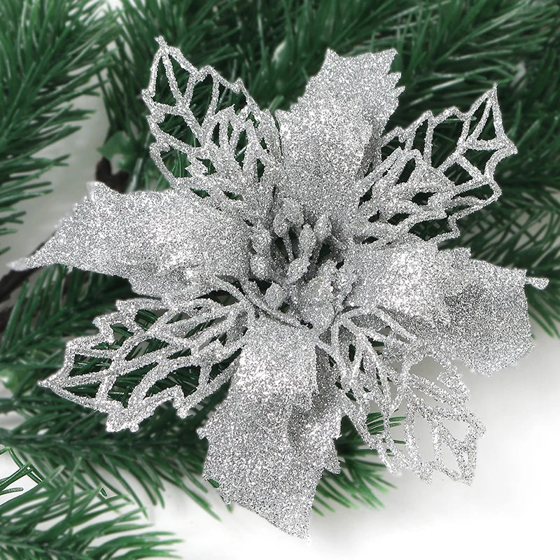 5/10Pcs 11cm Christmas Decoration Glitter Artifical Flowers Xmas Tree Wreath  Ornaments for Home New Year 2026 Decor Accessories