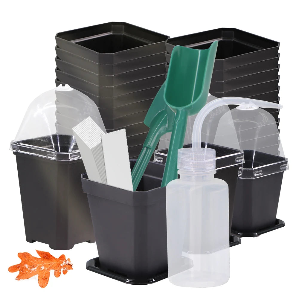 Sturdy Black Planter Pots with Tray Transparent Humidity Dome Cover Garden Greenhouse Seed Starter Germination Kit Flower Plante