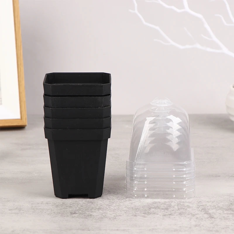 5Pcs Square Small Flower Pot Nursery Pot With Humidity Dome Transparent Gardening Pot Square Flower Starting Pots