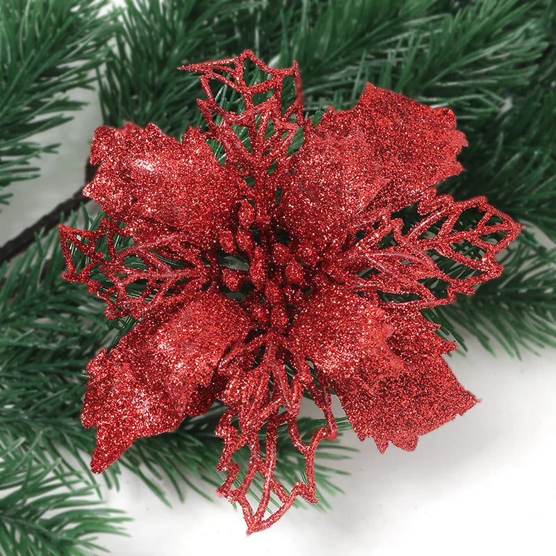 5/10Pcs 11cm Christmas Decoration Glitter Artifical Flowers Xmas Tree Wreath  Ornaments for Home New Year 2026 Decor Accessories