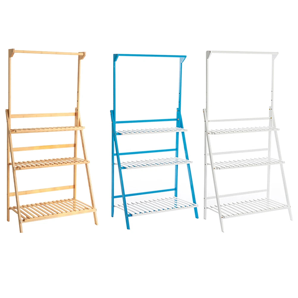 【Breeins】3 Tier Ladder Foldable Plant Stand with Hanging Bar, Wood For Home Office Outdoor Indoor Decoration Plants Organizer