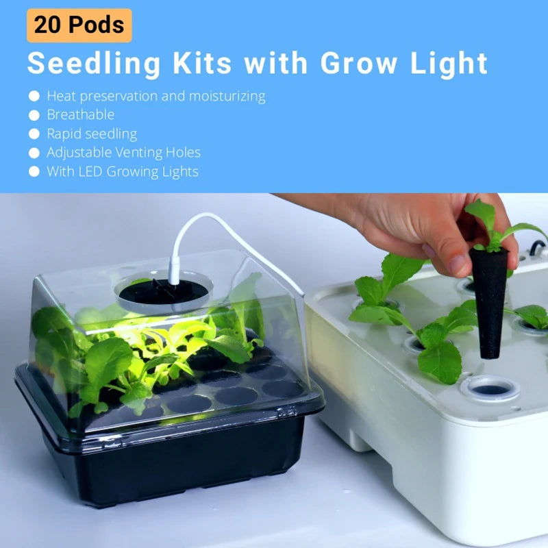 20 Hole Hydroponic Plant Seedling Pots with Intelligent Fill Light Seedling Tray for Fruit Vegetable Gardening Planting Supplies