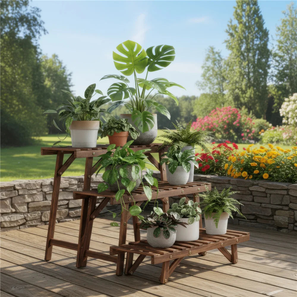 Set of 3 Wood Plant Stand,Rectangular Ladder Flower Pots Outdoor Indoor Plant Display Rack Storage for Home Garden Patio Balcony