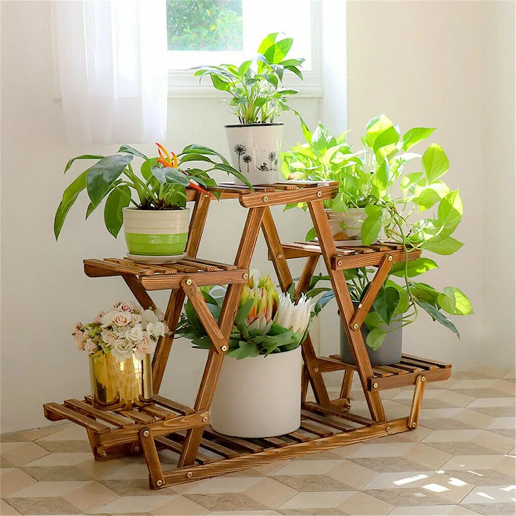 Carbonized Triangle 6 Tiered Corner Wood Plant Stand Flower Pot Display Shelf Rack Indoor Outdoor