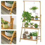 【Breeins】3 Tier Ladder Foldable Plant Stand with Hanging Bar, Wood For Home Office Outdoor Indoor Decoration Plants Organizer