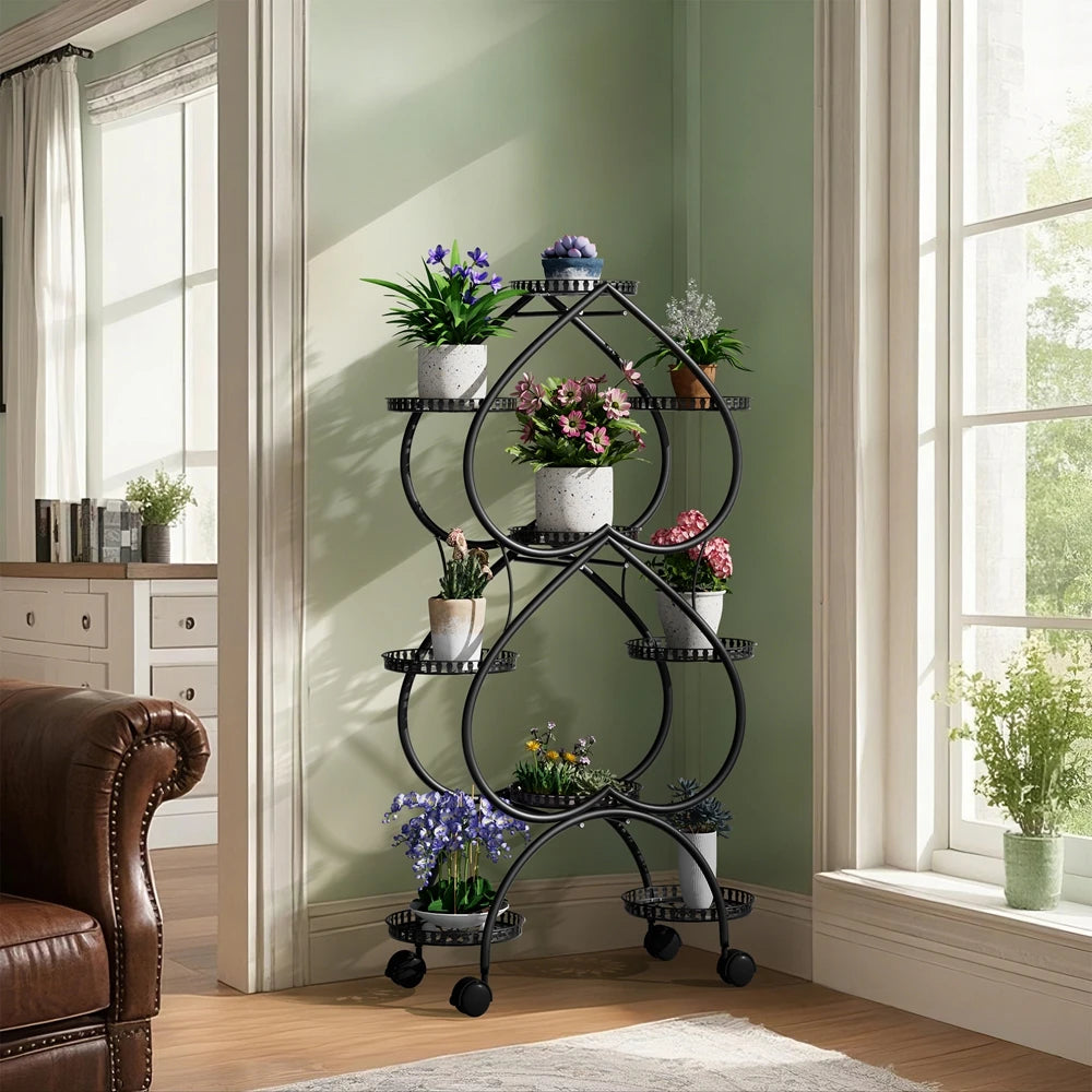 6-Tier Metal Plant Stand Heart-shaped Flower Stand Rack with Wheels for Indoor Outdoor Multiple Plants Shelf Rack