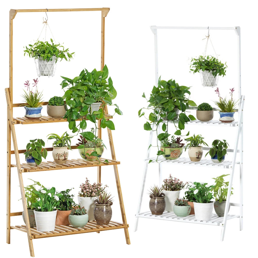 【Breeins】3 Tier Ladder Foldable Plant Stand with Hanging Bar, Wood For Home Office Outdoor Indoor Decoration Plants Organizer