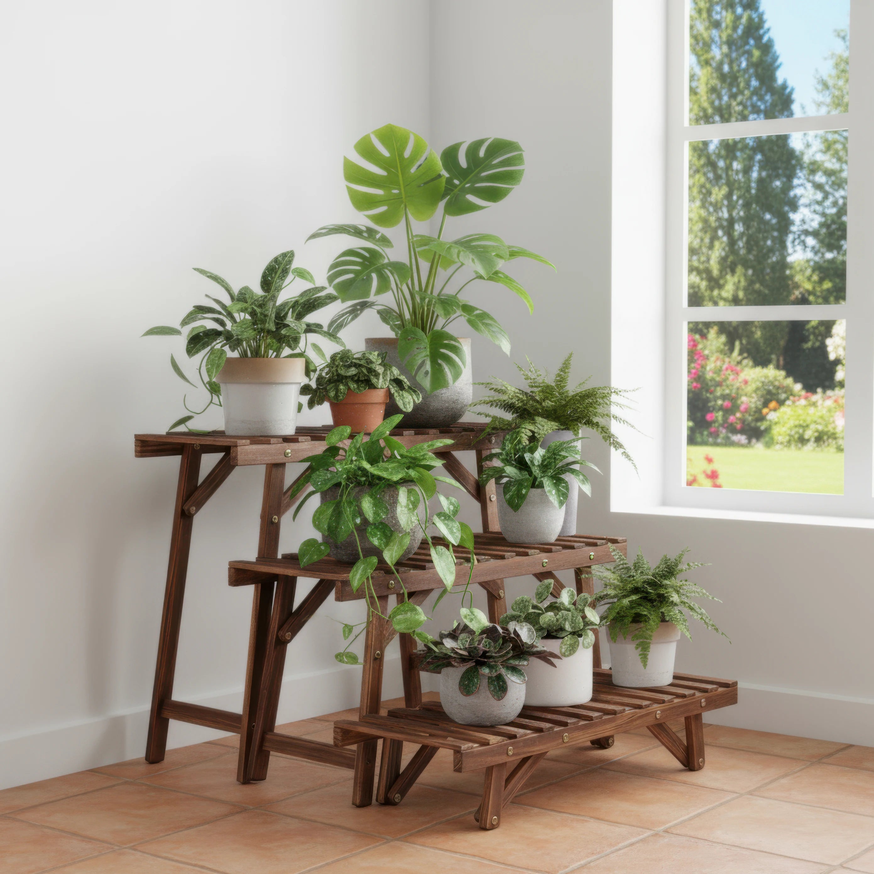 Set of 3 Wood Plant Stand,Rectangular Ladder Flower Pots Outdoor Indoor Plant Display Rack Storage for Home Garden Patio Balcony