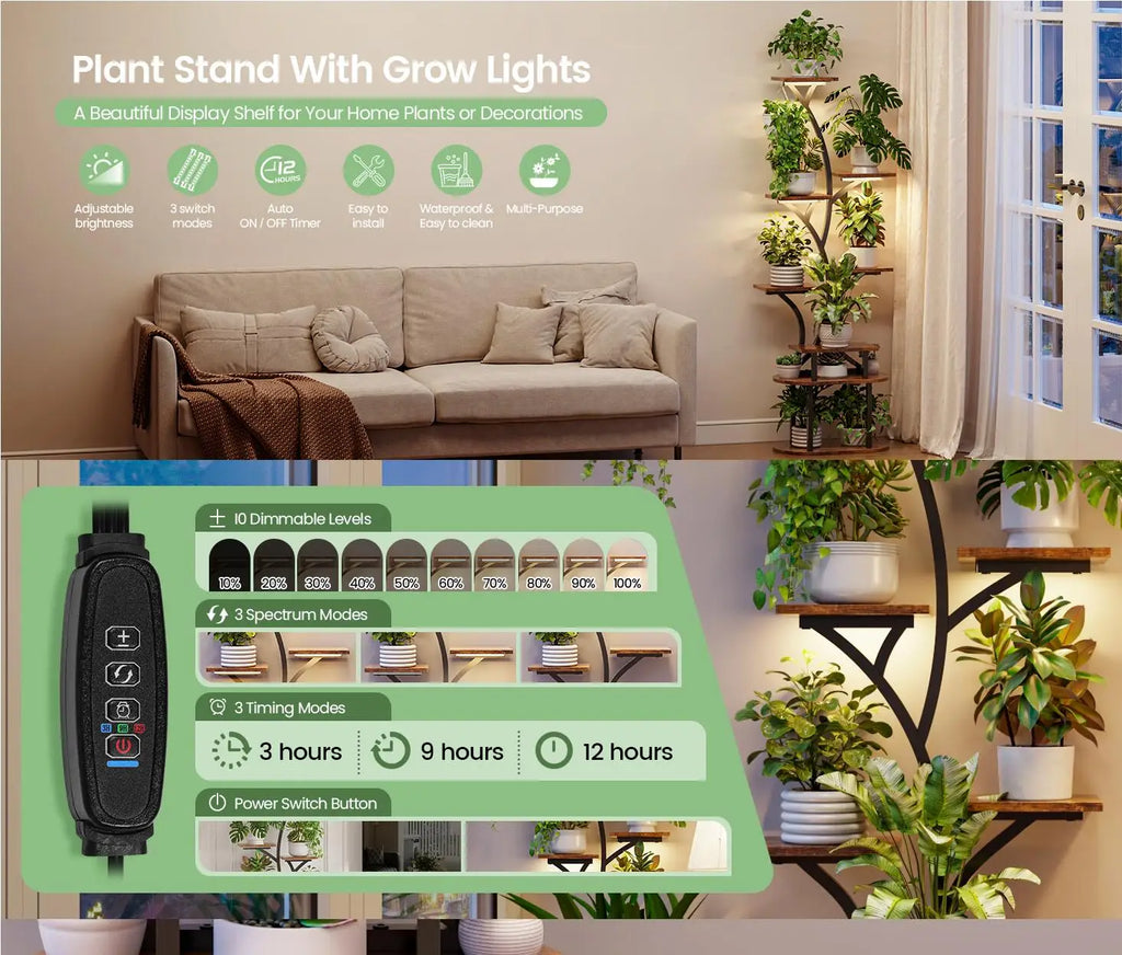 Plant Stand Indoor with Grow Lights, 8 Tiered 62" Tall Metal Plant Shelf Display Rack with 3-Head Grow Light Strips for Indoor