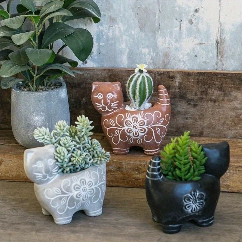 Cartoon Cat Flowerpot Cement Concrete Kitten Statue Shaped Succulent Flower Pot Courtyard Decoration for Crafts Home Decorations