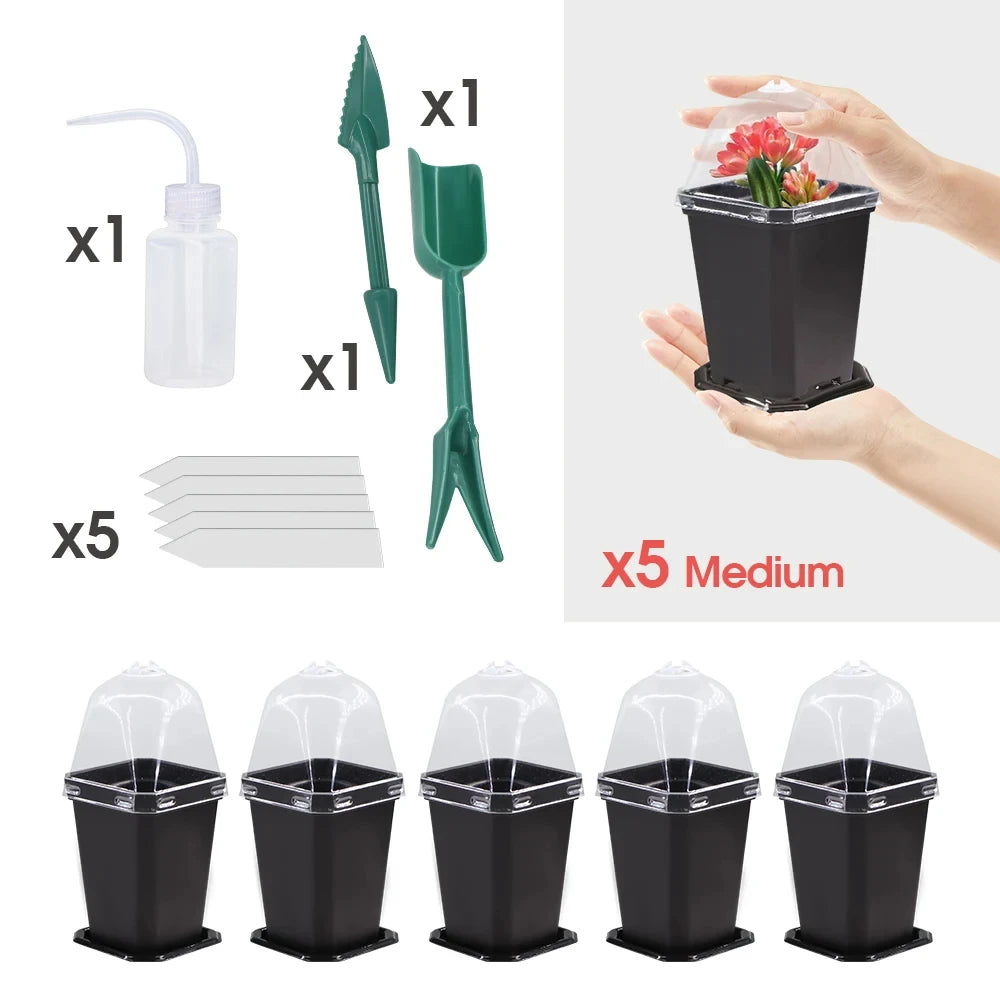 Sturdy Black Planter Pots with Tray Transparent Humidity Dome Cover Garden Greenhouse Seed Starter Germination Kit Flower Plante