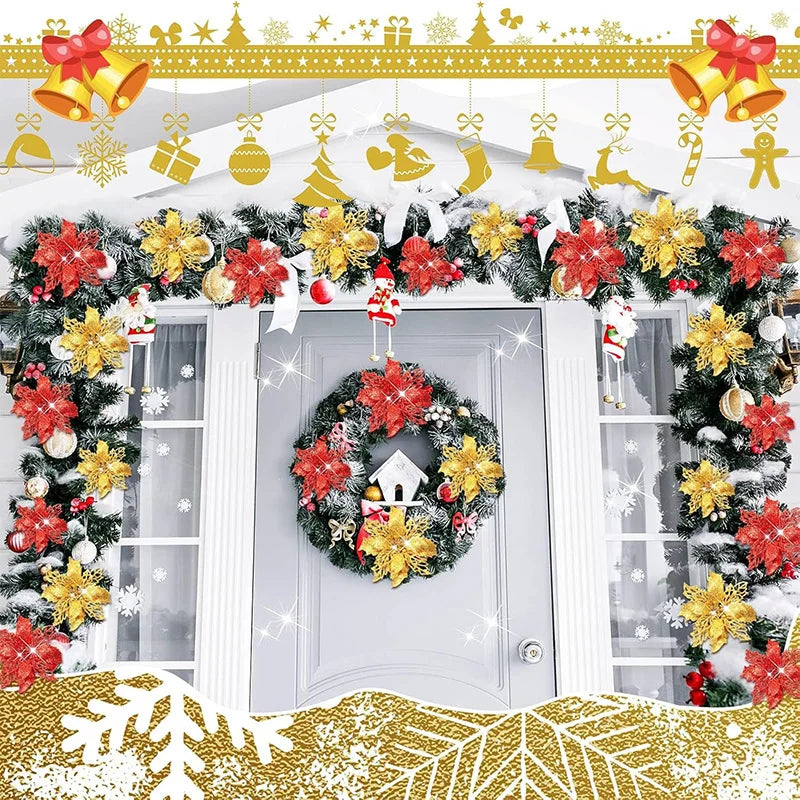 5/10Pcs 11cm Christmas Decoration Glitter Artifical Flowers Xmas Tree Wreath  Ornaments for Home New Year 2026 Decor Accessories