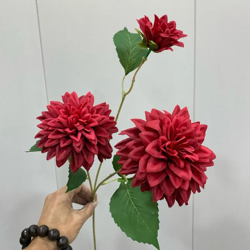 Lifelike artificial dahlia flower with 3 heads long branch silk flower for home wedding decor birthday party bedroom Decoration